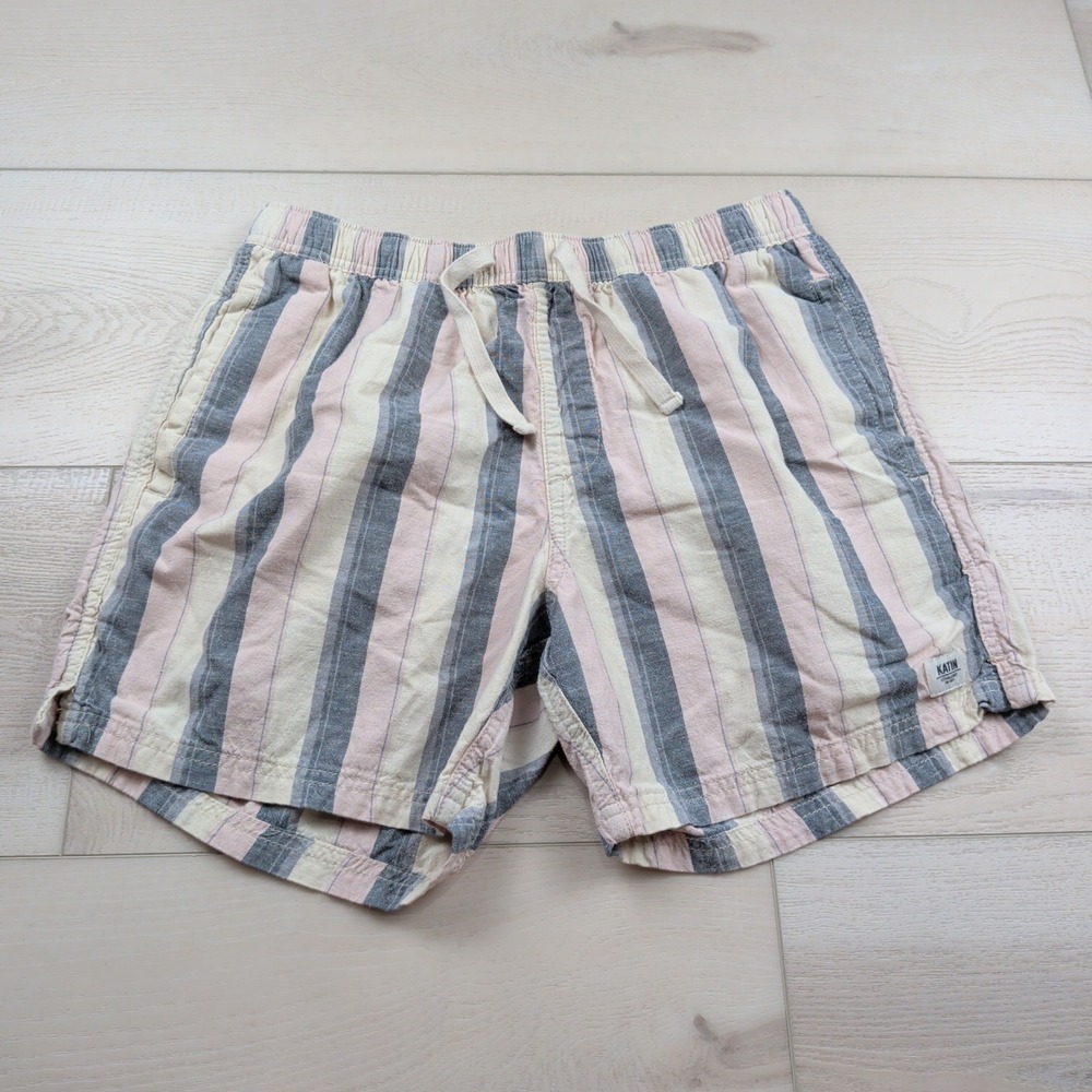 Katin Mens Ian Striped Cotton Linen Blend Drawstring Shorts Pink Blue Medium